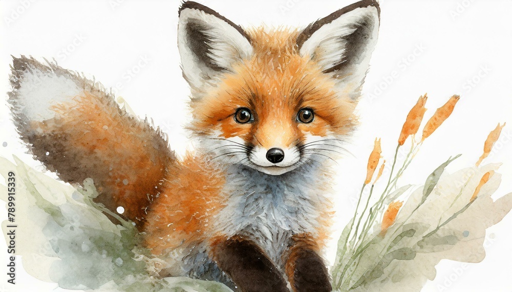 Fototapeta premium Watercolour painting of a baby fox.