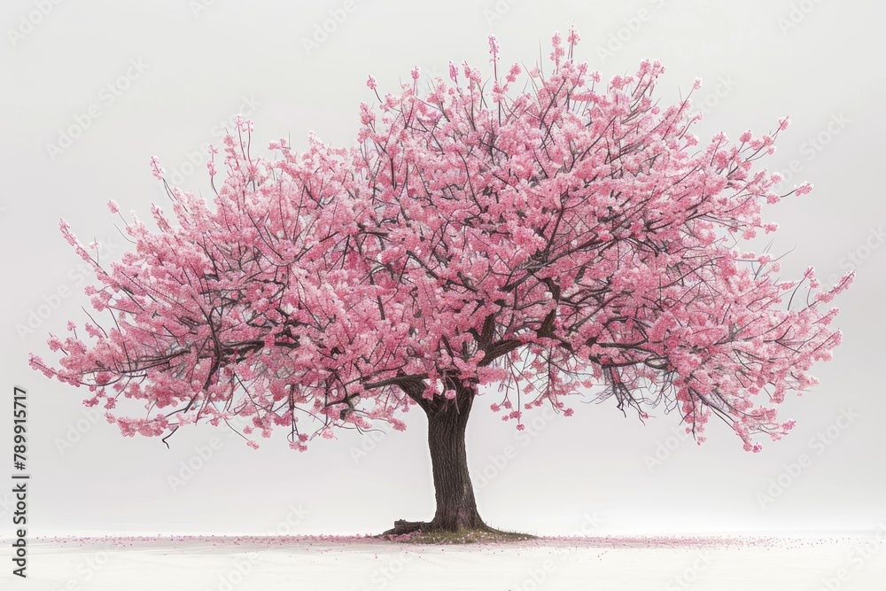 A large pink tree stands alone in a field of white snow