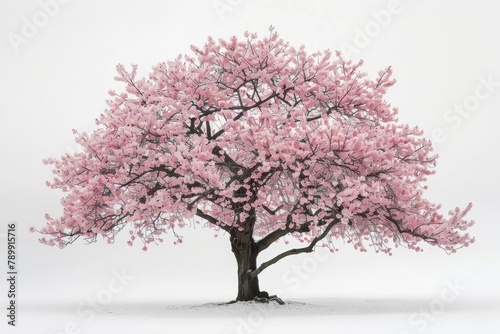 A large pink tree stands alone in a snowy field