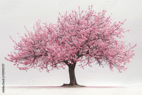 A large pink tree stands alone in a field of white snow