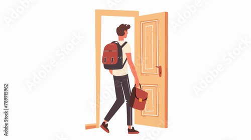 Man opening unlocking door entering house. Young pers