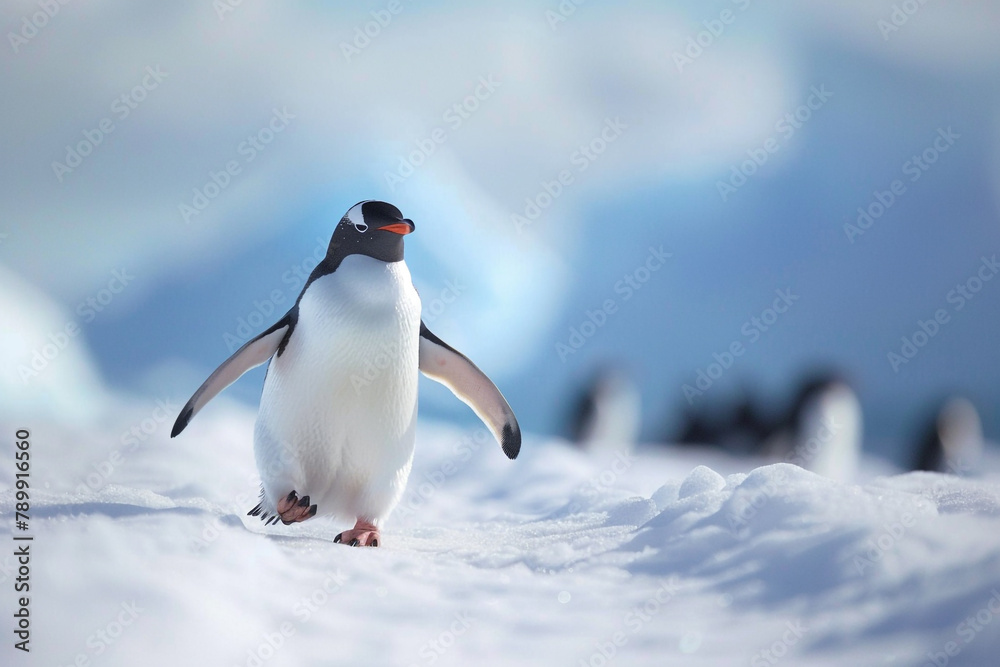Naklejka premium Adorable penguin waddling across a snowy Antarctic landscape.