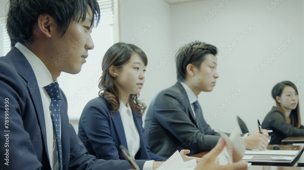 Japanese business people sitting at a table, side view, with one person holding documents and others listening attentively during an interview from the front view. The background is a white office spa Japanese business people sitting at a table, side view, with one person holding documents and others listening attentively during an interview from the front view. The background is a white office spa