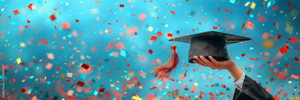Human female hand holding graduation cap on background of confetti ...
