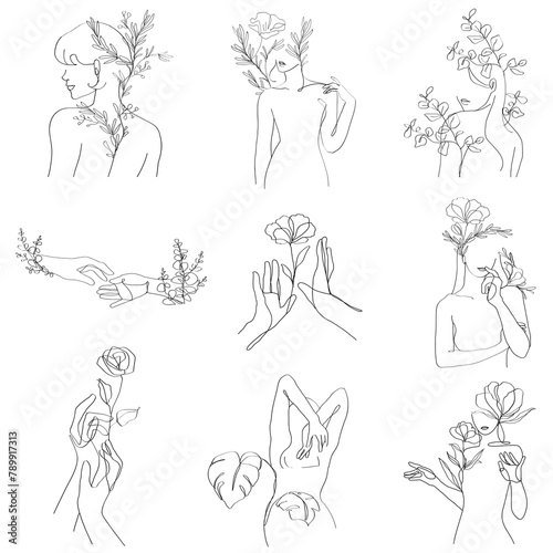 Feminine png woman and flowers minimal line art black illustration collection