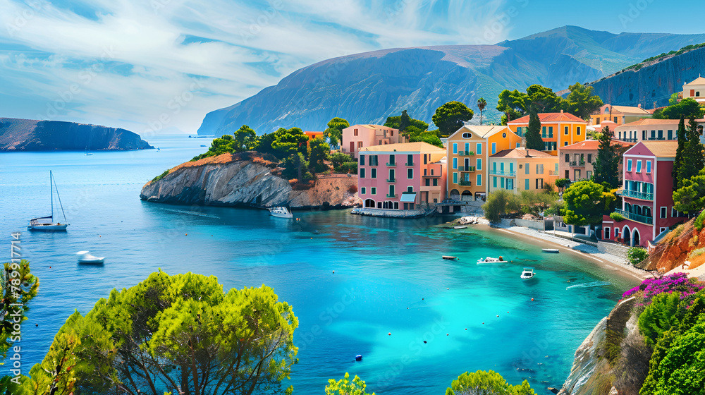 Panoramic view of the Amalfi Coast in Italy with colorful cliffside villages Scenic View of Old Cliffside Buildings in Positano, Amalfi Coast, Italy, Generative Ai - obrazy, fototapety, plakaty 