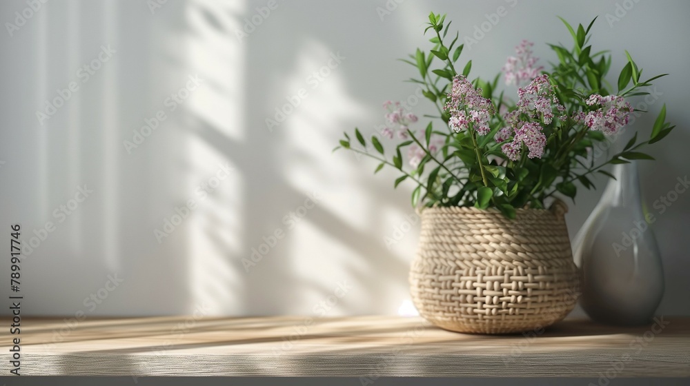 Frame Mockup, rattan basket and flower home background, empty wall
