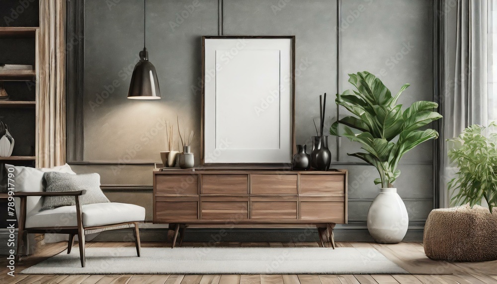 Fototapeta premium Sleek Sophistication: Modern Living Room Interior with Drawer and Artful Decor