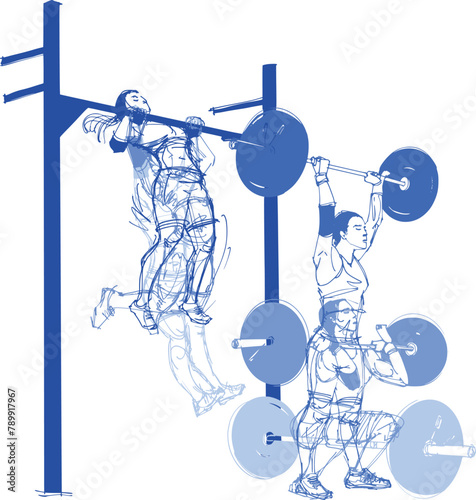 hand-drawn illustration in blue pen of a girl athlete doing an exercise with pull-ups and thrusters with a barbell