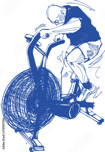 vector sketch of the strong fit man doing an assault bike exercise