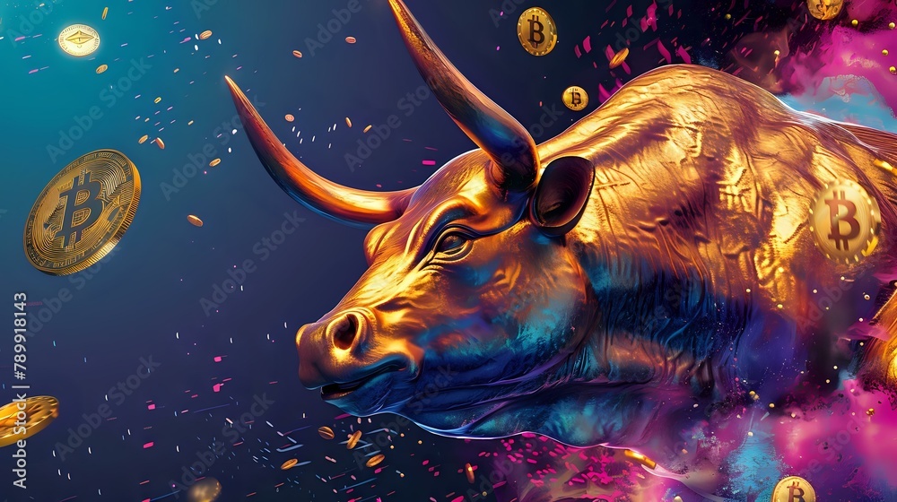 The Bull and the Bitcoin: A Vibrant Surrealist Composition The Bull and the Bitcoin: A Vibrant Surrealist Composition