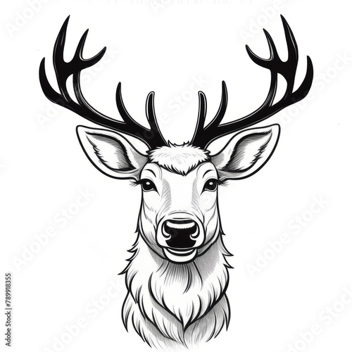 Graphic black line illustration of deer. Isolated on white background. Sketch art