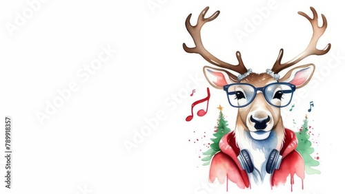 Watercolor painting of Christmas reindeer in glasses, white background. Banner