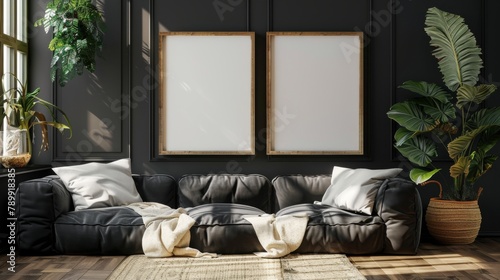 A black couch with two white pillows and a white blanket on it. The couch is in a room with two empty picture frames on the wall photo
