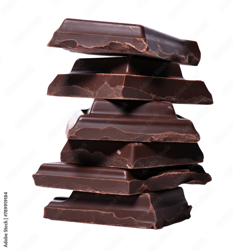 Macro photo of Chocolate bar. Broken pieces over white background