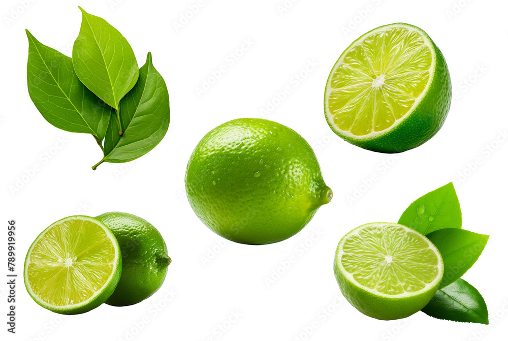 Set of whole and half slice of green lime fruit isolated on white background. Set of whole and half slice of green lime fruit isolated on white background.