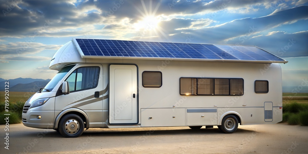 Eco-friendly van with solar panels on roof harnessing renewable energy parked in a serene landscape at dusk