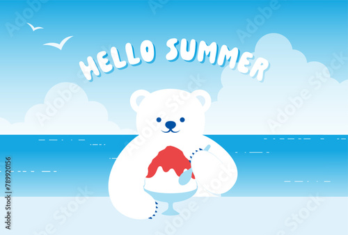 vector background with polar bear eating Japanese shaved ice dessert on the beach for banners, cards, flyers, social media wallpapers, etc. © mar_mite_