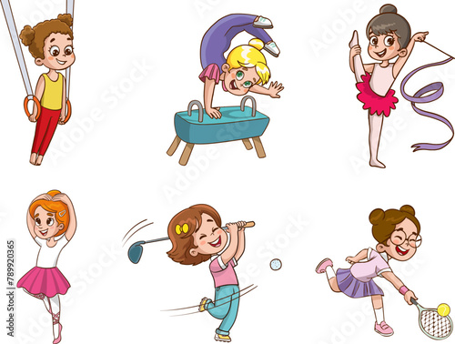 Girls Playing Sports Kids set Vector Illustration