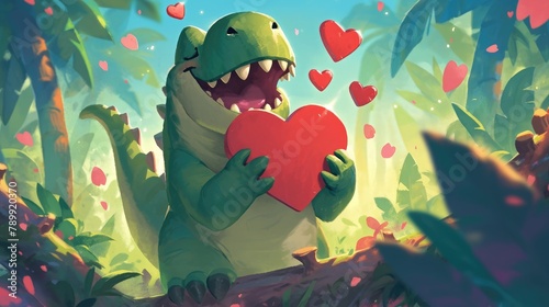 Celebrate Valentine s Day with a delightful 2d illustration capturing a love struck dinosaur photo