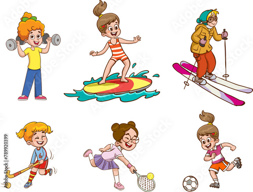 Girls Playing Sports Kids set Vector Illustration
