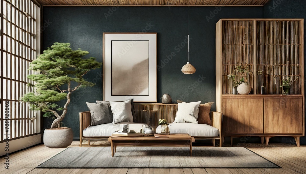 Fototapeta premium Harmony in Contrast: Japanese Modern Living Room with Mid-Century Sofa and Dark Wall Accents