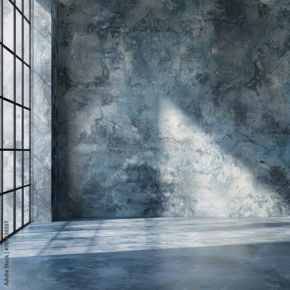 A large, empty room with a blue wall and a window. The room is empty and has a very modern and minimalist feel to it A large, empty room with a blue wall and a window. The room is empty and has a very modern and minimalist feel to it