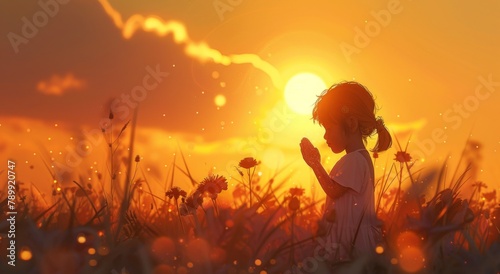 A little girl is praying in the sunset, with her hands clasped together and eyes closed. She stands on grassland wearing a white short sleeves, facing away from us. 