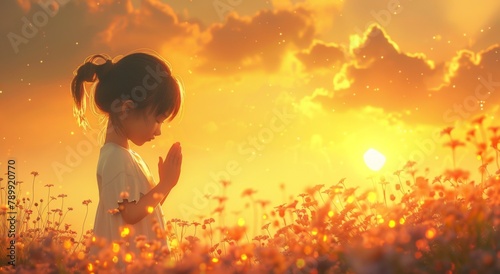 A little girl is praying in the sunset, with her hands clasped together and eyes closed. She stands on grassland wearing a white short sleeves, facing away from us.