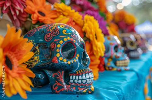 Colorful sugar skulls were on display at a Day of the Dead festival, with flowers and vibrant decorations in the background. 