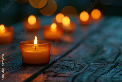 A serene scene of multiple candles glowing softly on an old wooden table, with soft bokeh lights in the background creating a warm and inviting atmosphere for reflection or remembrance. 