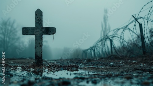 A cross on the ground surrounded by barbed wire, with a foggy background in the style of a cinematic closeup movie still with a horror tone. 