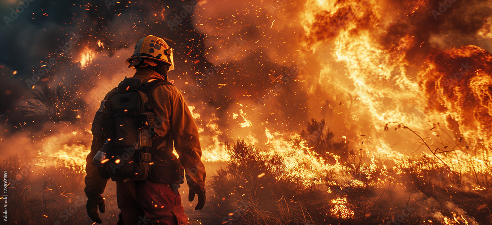 Firefighters battle a wildfire, Climate change and global warming affect to global up wildfire trends.