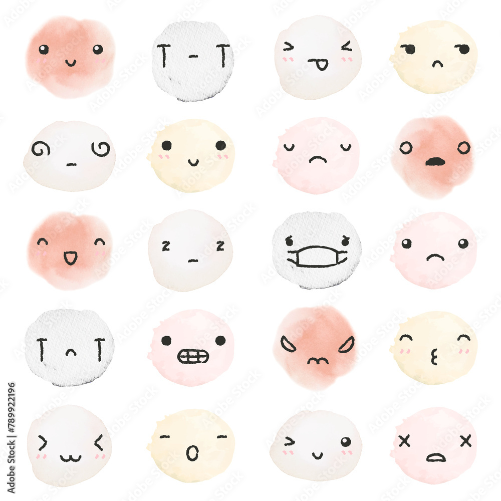 Sticker png cute watercolor emoticons with diverse feelings in doodle style set Sticker png cute watercolor emoticons with diverse feelings in doodle style set