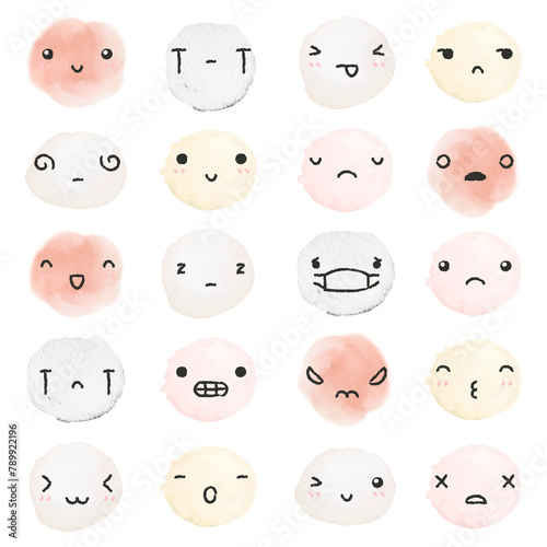 Sticker png cute watercolor emoticons with diverse feelings in doodle style set