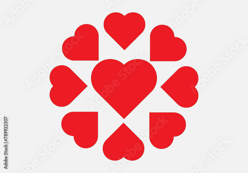 Corazón rojo rodeado de corazones rojos. 