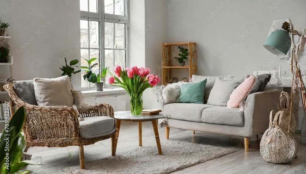 Radiant Tranquility: Light-Filled Living Room with Sofa, Armchair, and Tulips