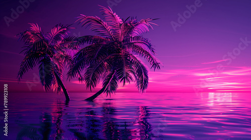 night landscape with neon blue light. Dark neon palm background. © ksu_ok