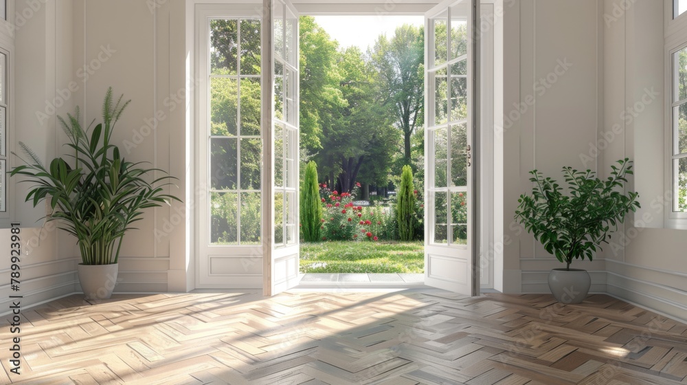 Fototapeta premium A large open door leads to a spacious room with a view of a garden. The room is filled with potted plants, including a tall one in the corner and a smaller one near the door. The room has a clean