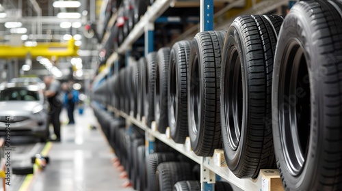 Rows of New Tires in a Warehouse Setting Waiting for Installation. Rubber Products Storing. Automotive Theme. Industrial Background. AI