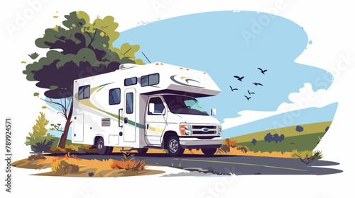 Motorhome on the road against the backdrop of a rural