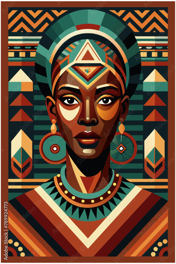 Ethnic poster with pride african woman's face for black history month or juneteenth. Stylized vector portrait of an african woman adorned with cultural patterns symbolizing diversity and heritage Ethnic poster with pride african woman's face for black history month or juneteenth. Stylized vector portrait of an african woman adorned with cultural patterns symbolizing diversity and heritage