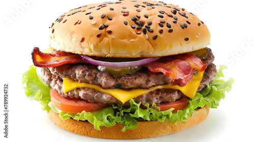 Delicious double cheeseburger with bacon on a white background. Juicy beef burger, fast food concept, ideal for menu designs. Close-up, studio shot. AI photo