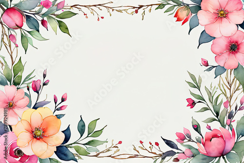 Watercolor frame of flowers and leaves, floral background, space for text, white background