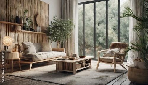 Inviting Simplicity  3D Render of Cozy Modern Room with Natural Wood Accents 