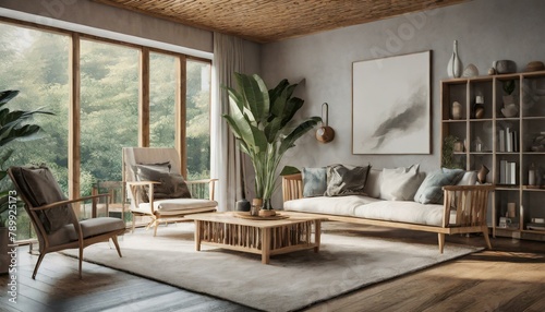 Inviting Simplicity  3D Render of Cozy Modern Room with Natural Wood Accents 