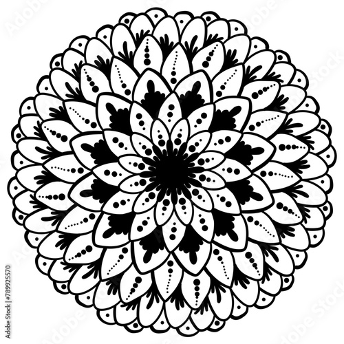 Creative mandala with round petals and dots, doodle coloring page with abstract elements photo