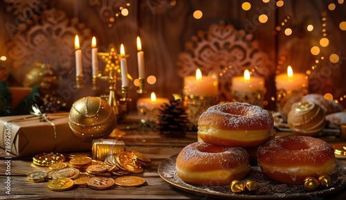 A table with Hanukkah menorahs and donuts on it. In the background of an old wooden wall. Created with Ai technology.
