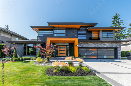 A beautiful modern home in the tomball neighborhood of vancouver, dramatic angle, grey and orange tones, large windows, stone accents on exterior walls, double garage with glass door photo
