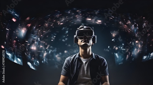 Portrait of young man wearing vr goggles, experiencing virtual reality using 3d headset .Generative AI